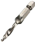 Close-up of a titanium plated HSS threading tap from the Six Piece Combination Tap And Drill Set Featuring Quarter Inch Hex Shank.