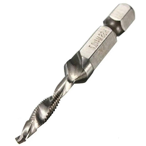 Close-up of a titanium plated HSS threading tap from the Six Piece Combination Tap And Drill Set Featuring Quarter Inch Hex Shank.