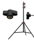 Ten black plastic 1/4-20 T-knobs with brass inserts; shown on a vertical tripod stand with a close-up of a knob.