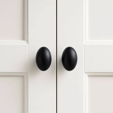 Oval Matte Black Cabinet Knobs 10 Pack For Kitchen And Furniture By EAXINTA Modern Single Hole Hardware Installed on White Cabinets