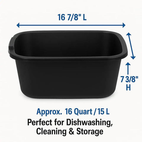 18 Quart Plastic Dishpan Built Tough For Home Kitchens And Laundry Cleanups, Black Multi Purpose Wash Basin Tub shown with dimensions