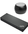 This Thunderbolt 4 Workstation Dock Is A Total Game Changer With Usb C Hdmi And Displayport For Crisp Multi Screen Action Plus Boasting Rock Solid 230W Power Delivery And A Nifty Bluetooth Speaker Pair, featuring a sleek black dock and compact Bluetooth speaker.