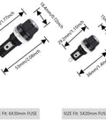 Twenty Panel Mount Fuse Holders With Quick Release Screw Caps Designed For 6X30 Blade Fuses Using A No Sweat Snap Fit Assembly dimensions shown.