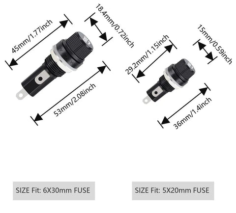 Twenty Panel Mount Fuse Holders With Quick Release Screw Caps Designed For 6X30 Blade Fuses Using A No Sweat Snap Fit Assembly dimensions shown.