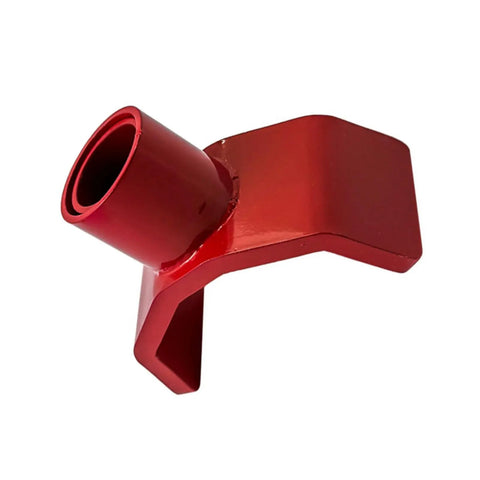 Beefy Bottle Jack Adapter Lifting Saddle for 2 to 4 Inch Axle Tubes, red steel design, top view, garage use.