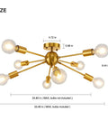 Gold Sputnik Ceiling Light Fixture Eight Arm Brass Chandelier Style Semi Flush Mount Mid Century Modern Lighting