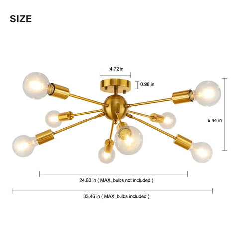 Gold Sputnik Ceiling Light Fixture Eight Arm Brass Chandelier Style Semi Flush Mount Mid Century Modern Lighting