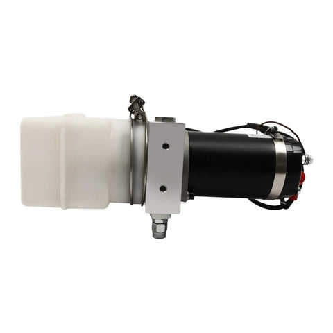 Heavy Duty 12V Electric Hydraulic Pump With Single Acting Power Source For Tipping Applications side view showing copper and aluminum build.
