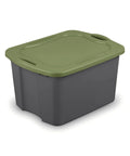 Heavy Duty 17.5 Gallon Plastic Storage Bin With Clear Lid And Full Length Through Wall Handles Gray Opaque Base Stacks Tight 70 Quart Tote For Blankets And Gear, shown in deep gray with green lid.