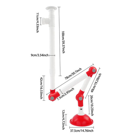 Heavy Duty Laboratory Exhaust Vent For Fume Extraction In Labs, red PP housing with adjustable arm, dimensions shown