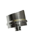 Waterjet check valve body for pump, metal chrome finish, side view.
