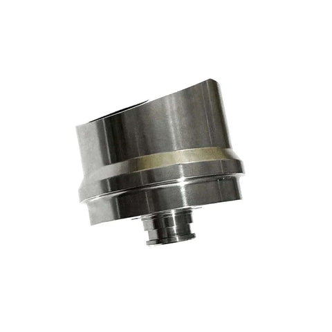 Waterjet check valve body for pump, metal chrome finish, side view.