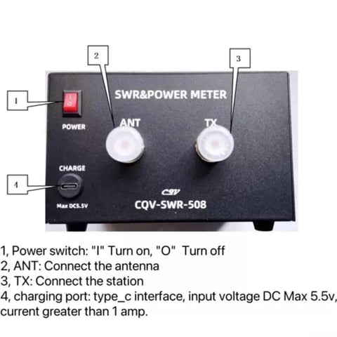 Front view of Power Meter CQV-SWR-508 1.8-54MHz Digital Standing Wave Meter with labeled power, ANT, TX, and Type-C ports.