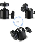 360 Degree Swivel Mini Tripod Ball Head With 1/4-20 Screw for GoPro and DSLR Cameras showing 360° rotation angles