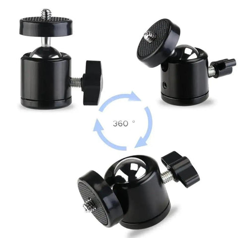 360 Degree Swivel Mini Tripod Ball Head With 1/4-20 Screw for GoPro and DSLR Cameras showing 360° rotation angles