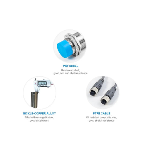 Components of Inductive Proximity Switch With Motion Sensor And Metal Detection For Automatic PLC Control, including PBT shell, PTFE cable.