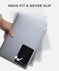 Two Pocket Adhesive Hard Drive Holder For Laptop And Travel Gear Stick On Pocket Pouch shown on a laptop with earphones