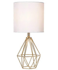 Gold Modern Hollow Out Base Table Lamp With White Fabric Shade, Cute Nightstand Light For Kids Bedroom, 14.2 Inch Geometric Metal Base
