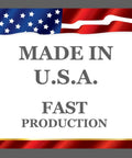 Flag-themed design with 'Made in U.S.A.' and 'Fast Production' text, accenting the Custom Business Hours Window Decal Vinyl Lettering For Glass Doors In 10.5x13.5 Or 14x18 Inches With 11 Color Options Free Squeegee Included Super Easy Install Manual.