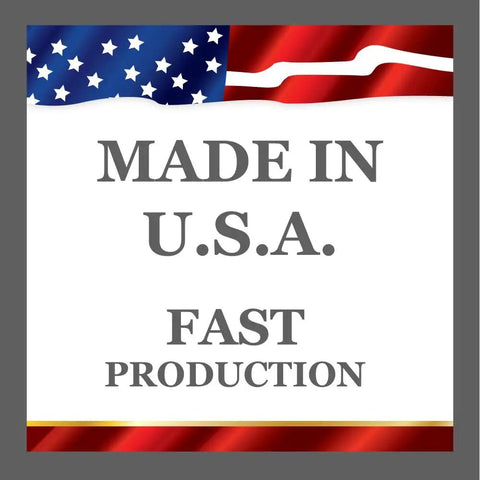Flag-themed design with 'Made in U.S.A.' and 'Fast Production' text, accenting the Custom Business Hours Window Decal Vinyl Lettering For Glass Doors In 10.5x13.5 Or 14x18 Inches With 11 Color Options Free Squeegee Included Super Easy Install Manual.