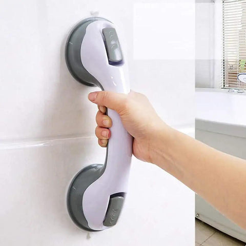 Hand holding Two Pack Bathroom Grab Bars With Strong Suction For Showers And Tubs, Safe Handicap Shower Handles For Elderly And Baby Use