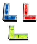 Horizontal Vertical Pocket Levels Strong Magnet, Green, with blue, red, and green bubble levels arranged in L shape.