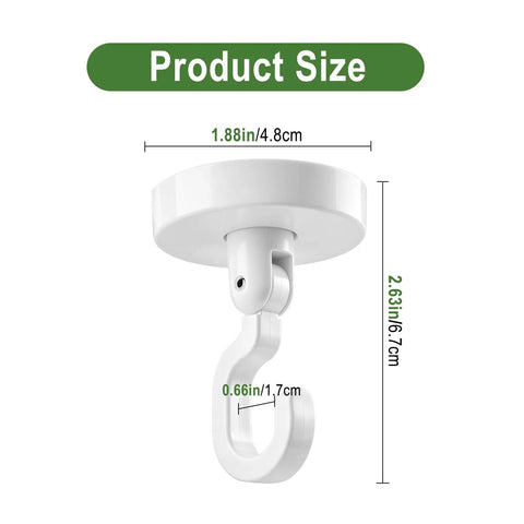 360 Degree Swivel Adhesive Wall And Ceiling Hooks, Heavy Duty No Drill Hanging Clips, showing hook dimensions 1.88in, 2.63in, 0.66in.