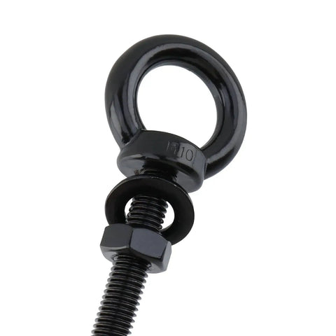 Close-up of a black coated Beefy Four Pack M10 Stainless Steel Eye Bolt 100mm Long with washers and hex nut for industrial use.