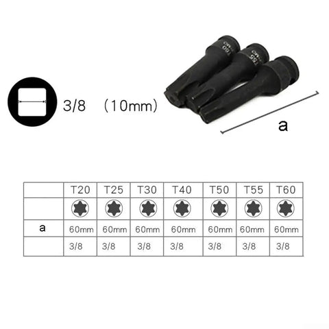Three Eighth Inch Drive Socket Set Seven Piece Beefy Torx Bit Sockets Up To T60 With Black Oxide Coating chart view