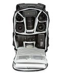Open Shoulder Camera Bag Backpack With All Weather Cover Fits 15.6 Inch Laptop SLR Gear Organizer showing interior compartments.