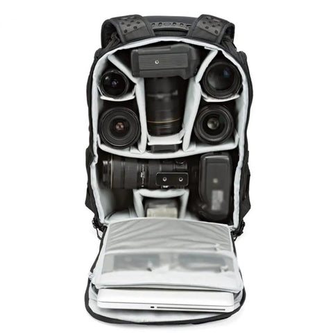 Open Shoulder Camera Bag Backpack With All Weather Cover Fits 15.6 Inch Laptop SLR Gear Organizer showing interior compartments.
