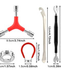 No Sweat Road Warrior Bike Repair Kit Featuring Five Universal Spoke Wrenches Two Heavy Duty Tire Levers And One Y Shaped Socket Adapter image showing tool dimensions and details.
