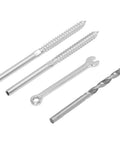 Stainless Steel Cable Railing Kit With Swage Lag Screws, Wrench And Drill Bit - No-Fuss 60-Piece Complete Hardware Set, components close-up