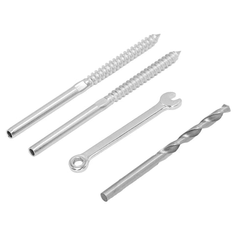 Stainless Steel Cable Railing Kit With Swage Lag Screws, Wrench And Drill Bit - No-Fuss 60-Piece Complete Hardware Set, components close-up