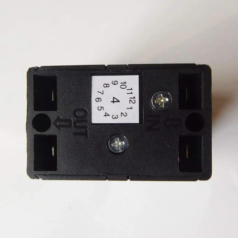 Heavy Duty 4 Pin Industrial Push Button Switch 125V 10 Amp Waterproof On Off Control For Bench Drills Grinders And Power Tools IP54 Rated Built Like A Tank Two Pack top view with labeled terminals.