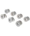 Seven silver fasteners from Three In One Eccentric Wheel Connector Nut Set 20 Piece Zinc Alloy Nickel Plated for cabinets and furniture