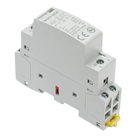 Top Shelf 25A AC DC Contactor 2 Pole Whispy Silent Din Rail Mount Magnetic Power Switch showing detailed side view with terminal connectors.
