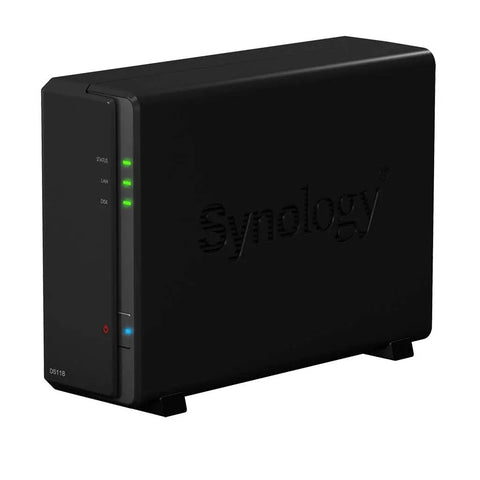 Rock Solid Ds118 Nas Server With 8Tb Internal Drive And 1GbE Ethernet Port shown in sleek black design with LED indicators.