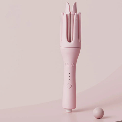 Go To Auto Curling Iron For Quick Pretty Curls Space Saving 32mm Ceramic Barrel in pink, showing buttons and curling slot, 360 rotating cord