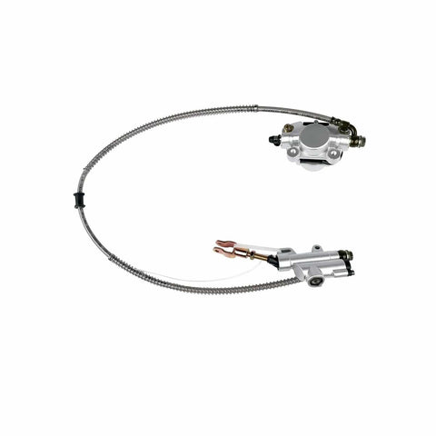 32 Inch Rear Axle Assembly Kit For Go Kart And ATV With Shaft Hub Chain Brake Master Cylinder Caliper Brake Disc Pillow Blocks Sprocket Mounting Hardware DIY Replacement, close-up on brake master cylinder and caliper