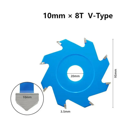 Heavy Duty Carbide Tipped Circular Saw Blade For Aluminum Composite Panels And Biscuit Joints With A Killer Sharp 6 8 Or 12 Tooth Edge For Smooth V Groove And U Channel Cuts At 95 Mm And 20mm Bore, 10mm V-Type 8 Tooth design.
