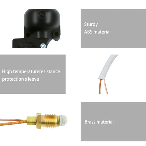 Propane Heater Safety Kit With Thermocouple And Tilt Switch For Patio And Outdoor Gas Heaters Universal Replacement Parts FD4 Dump Switch And M8x1 Thermocouple 23 Inch Wire materials and components shown.