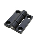 Torque-damping hinge, black zinc alloy square, four screw holes, close-up view