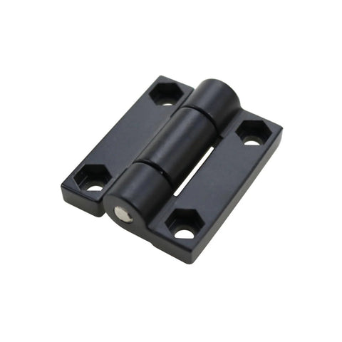 Torque-damping hinge, black zinc alloy square, four screw holes, close-up view