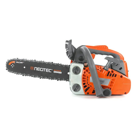 12 Inch Top Handle Gas Chainsaw 25.4cc 2 Stroke Portable Wood Cutting Power for tree pruning and firewood prep, side angle view.