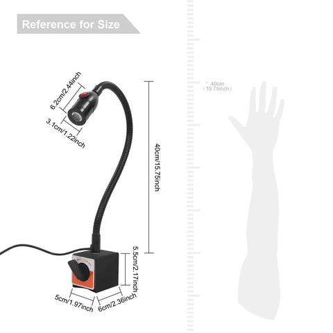 Heavy Duty Led Magnetic Work Light With Flexible Gooseneck Lamp Providing 550 To 650 Lumens Bright Illumination for size reference with dimensions.