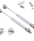Two Pack 18 Lb Heavy Duty Hydraulic Gas Strut Lift Supports For Cabinets And Kitchen Cabinet Doors 80 N Load 7 Inch Closed Length 10 Inch Extended Satin Silver Mounting Plate Includes Screws And Manual with satin silver finish and included screws visible