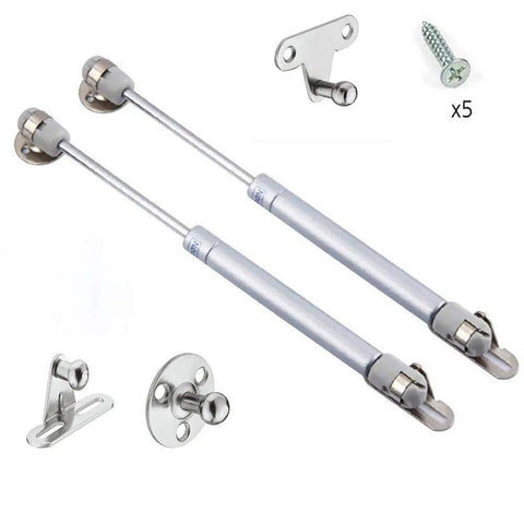 Two Pack 18 Lb Heavy Duty Hydraulic Gas Strut Lift Supports For Cabinets And Kitchen Cabinet Doors 80 N Load 7 Inch Closed Length 10 Inch Extended Satin Silver Mounting Plate Includes Screws And Manual with satin silver finish and included screws visible