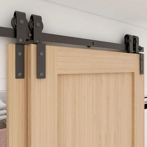 5ft Bypass Sliding Barn Door Hardware Kit With Single Track For Double Wooden Doors Space Saver Barn Door System Low Ceiling Design
