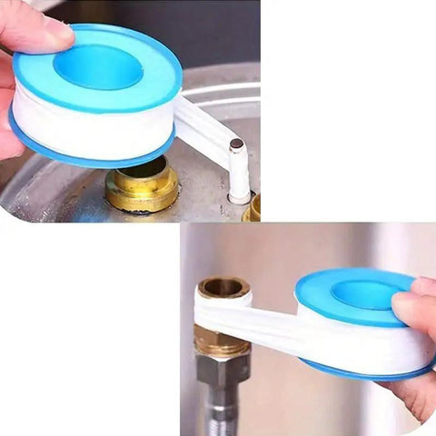 Easy Install PTFE Thread Sealing Tape For Shower Heads And Plumbing Fittings in blue dispenser, wrapping pipe threads.